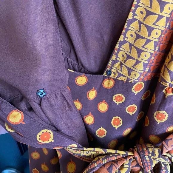 Anthropologie Anna Sui Silk Wrap Dress Brown Geometric Art Nouveau Boho-Size S - Picture 6 of 8